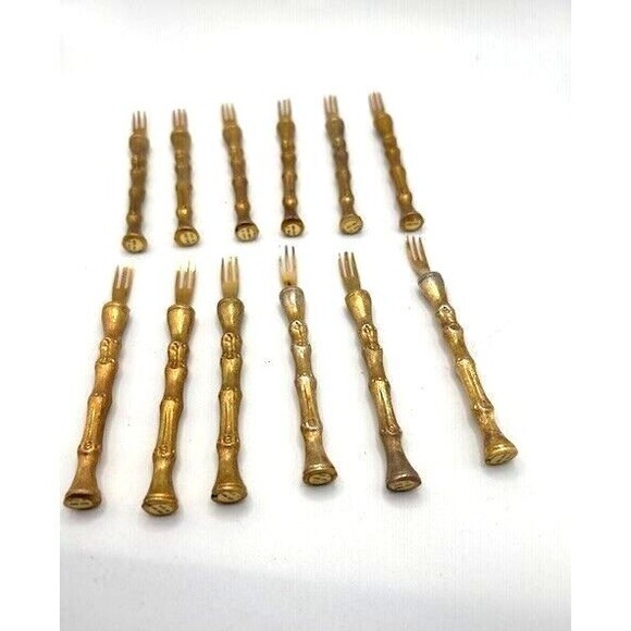 Gold Tone Oyster Shrimp Trident Tip Cocktail Forks Set of 4 Bamboo Design - Picture 1 of 5